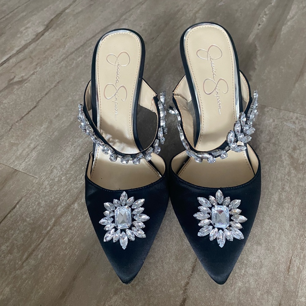 Elegant Black Satin Heels with Crystal Embellishments